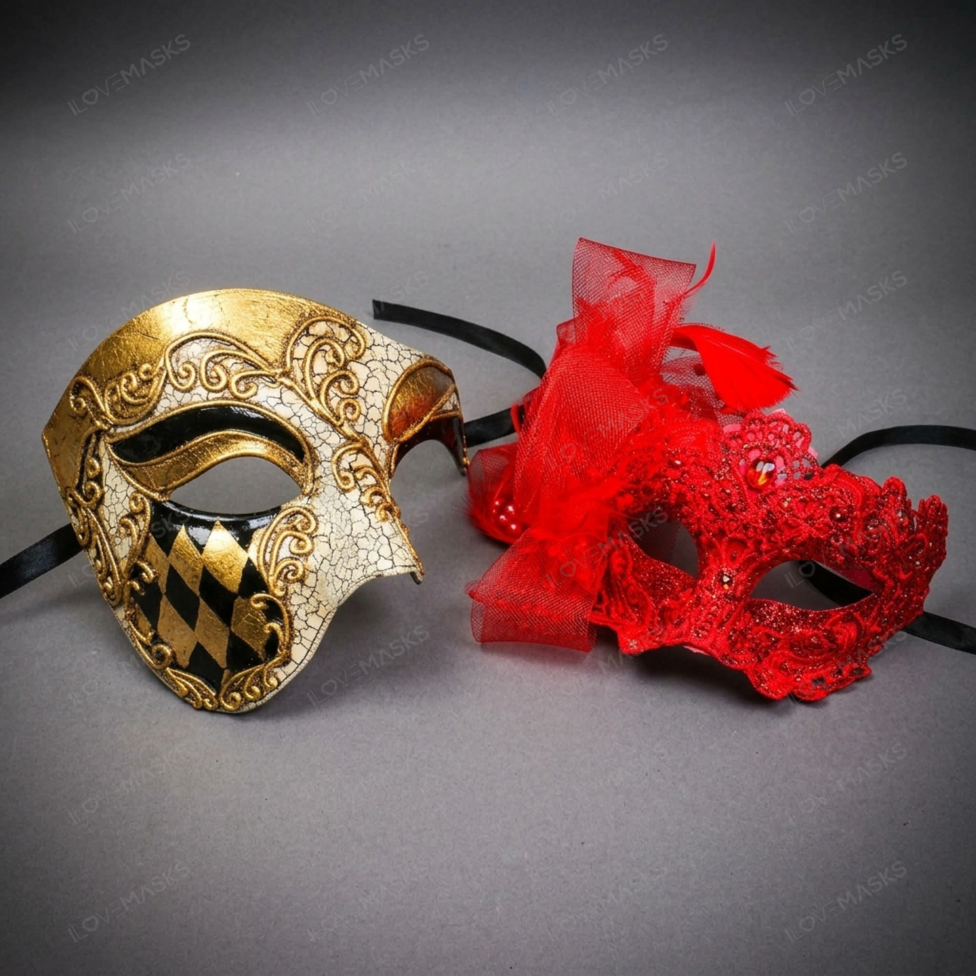 Venetian Harlequin Red Lace Masquerade Mask Red Gold Halloween